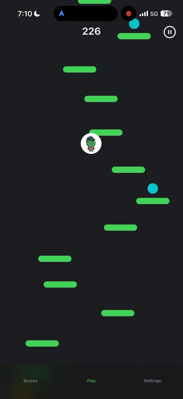 iPhone showing a platform jumping game with a frog character bouncing on green platforms, score of 226