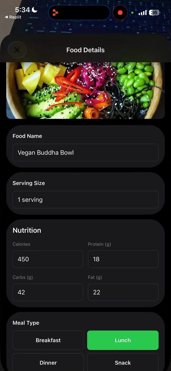 iPhone showing a dark-themed food tracking app with nutrition details for a Vegan Buddha Bowl displaying calories, protein, carbs, and fat